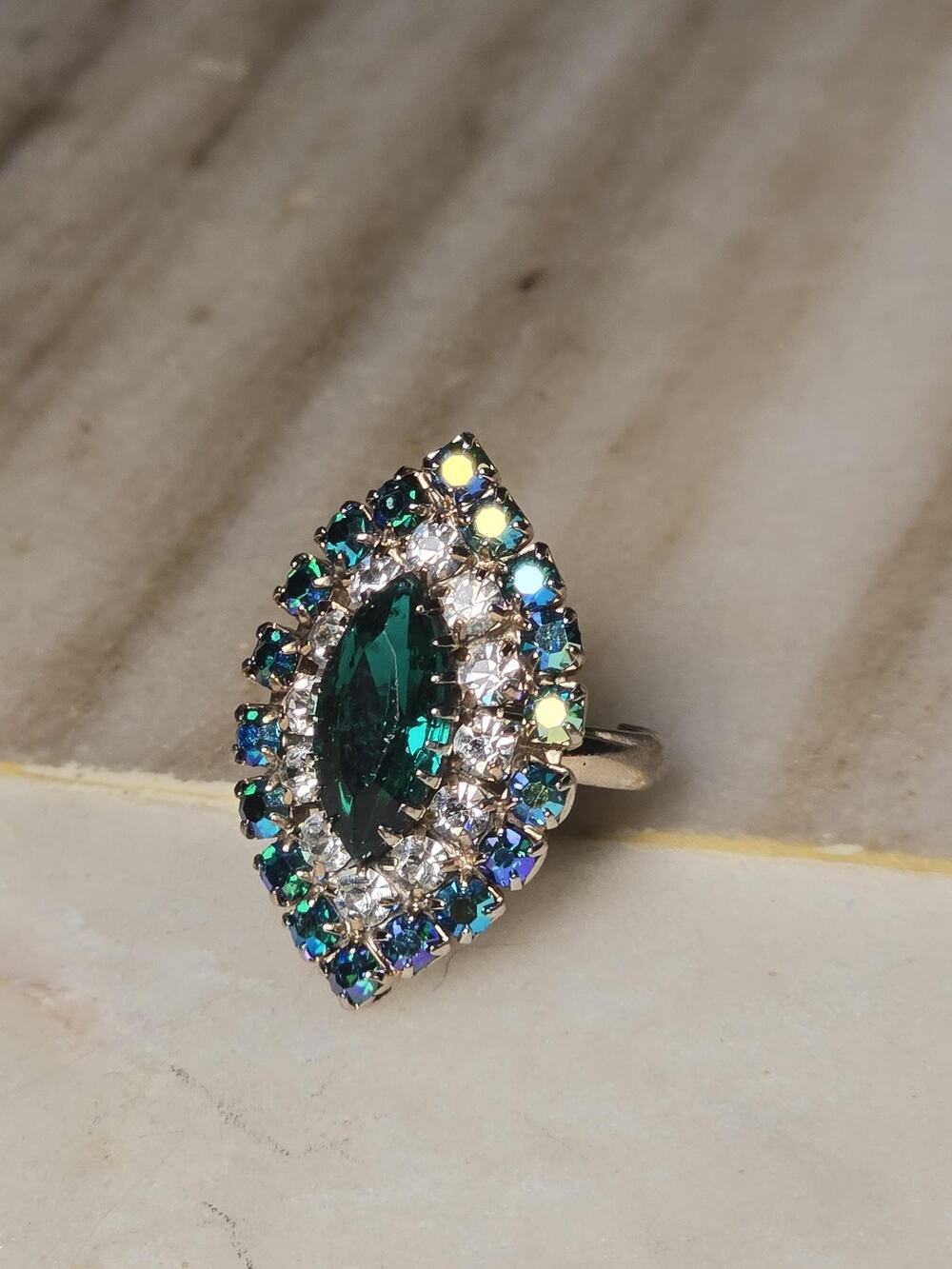 Vintage Green Rhinestone Statement Ring Adjustable Size 6